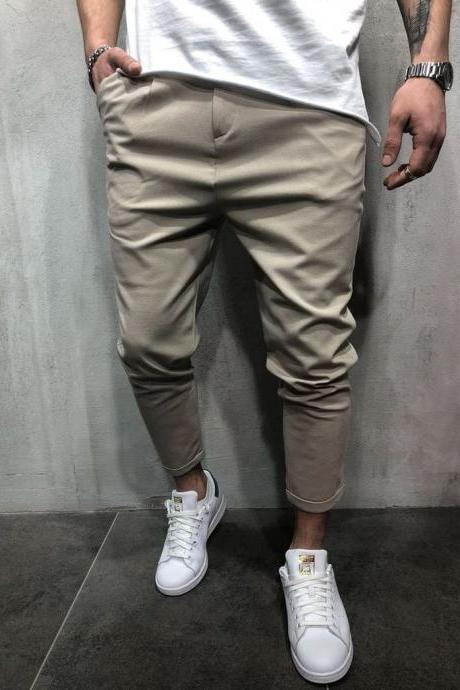 Men Harem Pants Mid Waist Streetwear Casual Ankle Length Slim Hip Hop Joggers Long Trousers Khaki