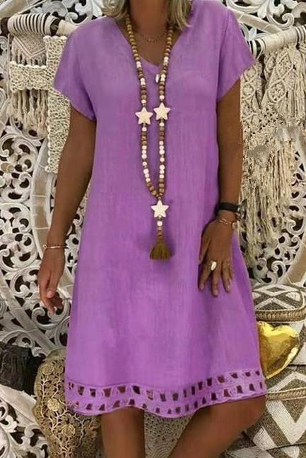 Women Casual Dress Summer Beach Boho V-Neck Short Sleeve Loose Midi T Shirt Dress lilac