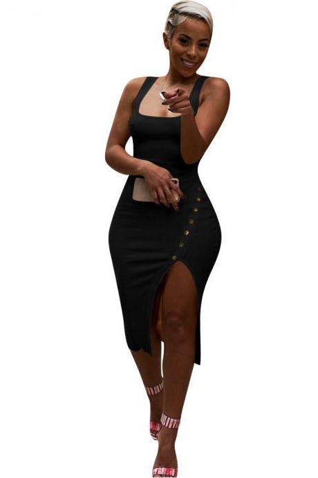 Women Pencil Dress Spaghetti Strap Sleeveless Side Split Asymmetrical Bodycon Midi Club Party Dress black