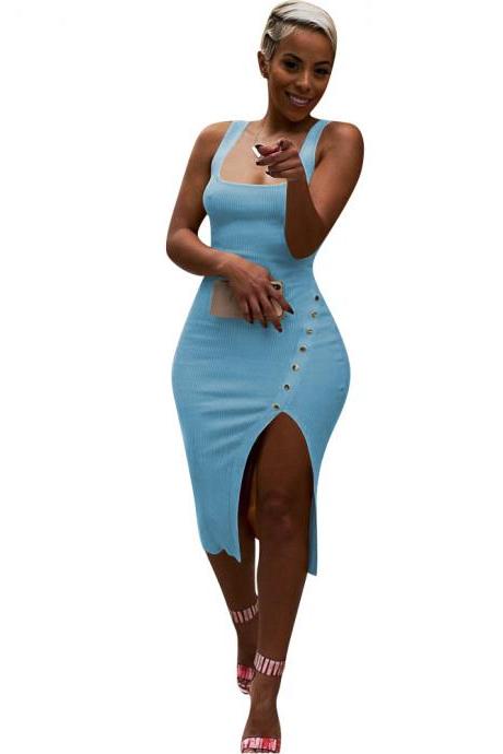 Women Pencil Dress Spaghetti Strap Sleeveless Side Split Asymmetrical Bodycon Midi Club Party Dress light blue