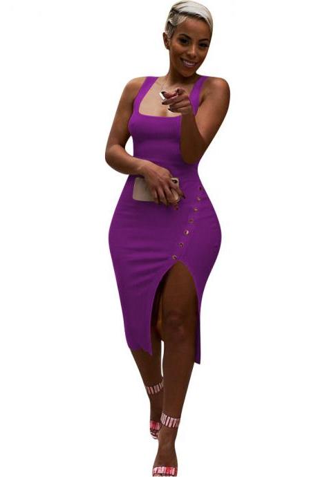 Women Pencil Dress Spaghetti Strap Sleeveless Side Split Asymmetrical Bodycon Midi Club Party Dress purple