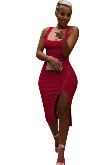 Women Pencil Dress Spaghetti Strap Sleeveless Side Split Asymmetrical Bodycon Midi Club Party Dress red