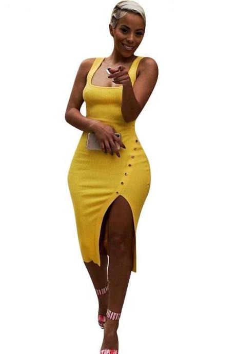 Women Pencil Dress Spaghetti Strap Sleeveless Side Split Asymmetrical Bodycon Midi Club Party Dress yellow