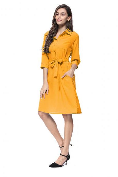  Women Shirt Dress Turn Down Collar 3/4 Sleeve Belted Casual Work Office Midi Dress yellow