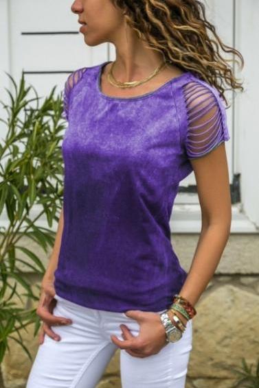 Women Short Sleeve T Shirt Summer O Neck Hollow Out Solid Cotton Plus Size Slim Tee Tops purple