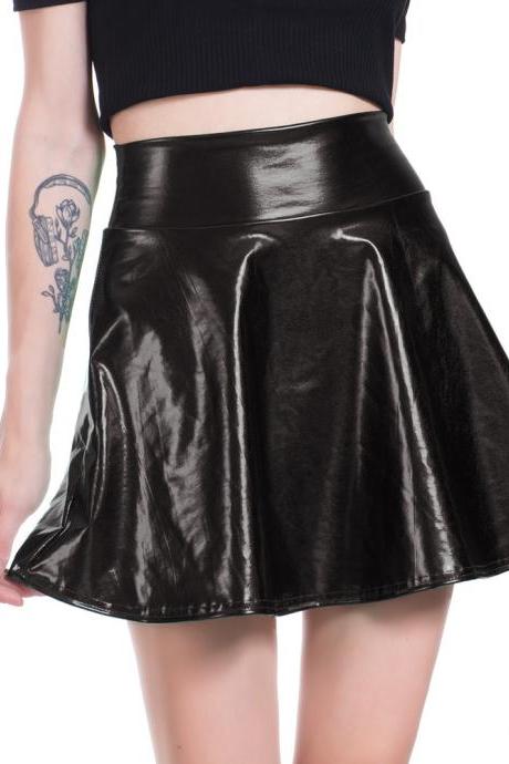 Women Mini Metallic Skirt Summer High Waist PU Leather Casual Stage Short A Line Club Party Skirt black
