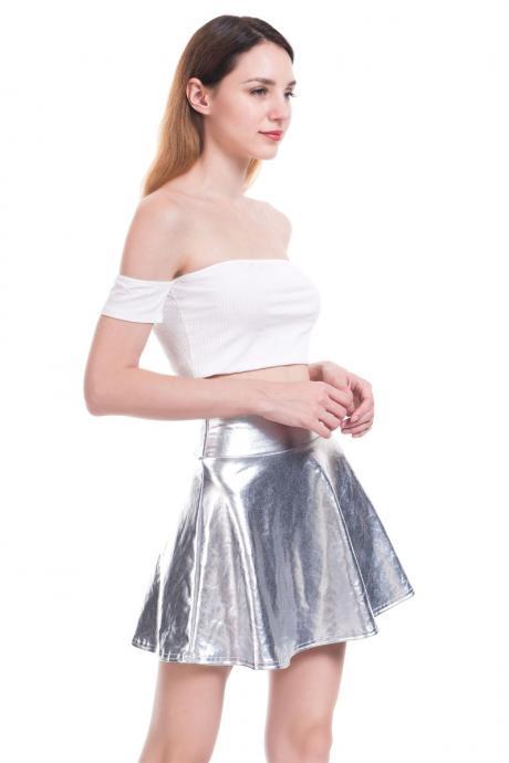  Women Mini Metallic Skirt Summer High Waist PU Leather Casual Stage Short A Line Club Party Skirt silver