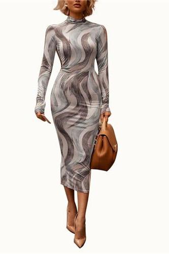 Women Digital Printed Pencil Dress High Neck Long Sleeve Slim Bodycon Midi Club Party Dress gray