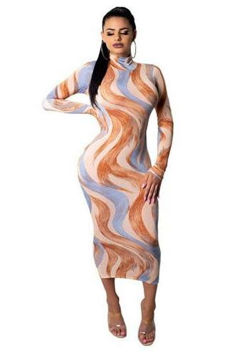 Women Digital Printed Pencil Dress High Neck Long Sleeve Slim Bodycon Midi Club Party Dress orange