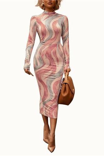 Women Digital Printed Pencil Dress High Neck Long Sleeve Slim Bodycon Midi Club Party Dress pink