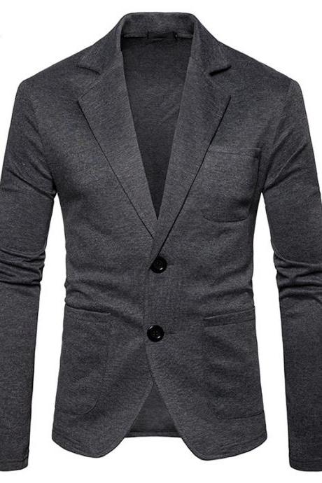 Men Blazer Coat British Style Two Buttons Long Sleeve Casual Slim Fit Suit Jacket Dark Gray