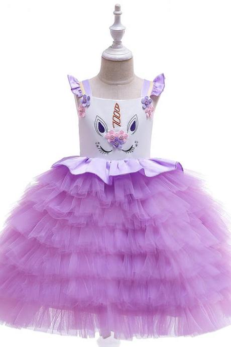 Unicorn Flower Girl Dress Princess Wedding Birthday Perform Party Tutu Gown Kids Children Clothes purple