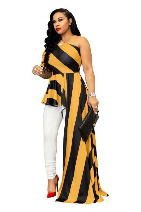  Women Striped Dress Summer Casual One Shoulder Asymmetrical Maxi Club Party Dress black+yellow