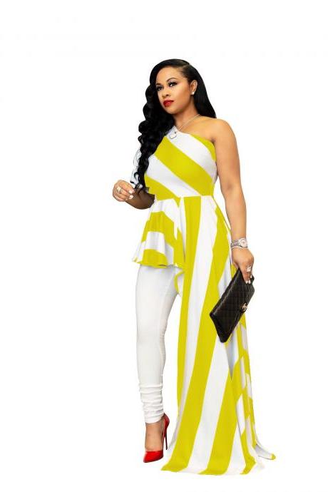  Women Striped Dress Summer Casual One Shoulder Asymmetrical Maxi Club Party Dress yellow