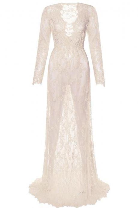 Women Perspective Lace Dress Sexy V Neck Long Sleeve Plus Size Maxi Long Party Prom Dress Apricot