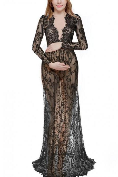 Women Perspective Lace Dress Sexy V Neck Long Sleeve Plus Size Maxi Long Party Prom Dress Black