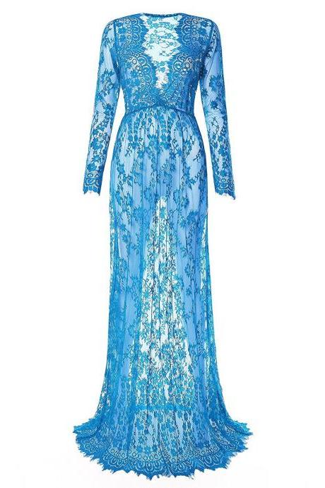  Women Perspective Lace Dress Sexy V Neck Long Sleeve Plus Size Maxi Long Party Prom Dress light blue
