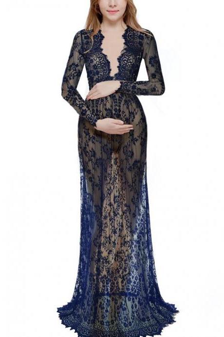 Women Perspective Lace Dress Sexy V Neck Long Sleeve Plus Size Maxi Long Party Prom Dress Navy Blue