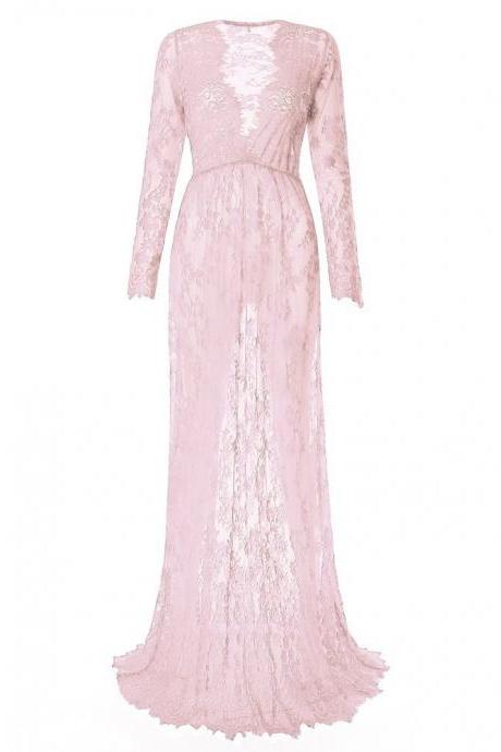 Women Perspective Lace Dress Sexy V Neck Long Sleeve Plus Size Maxi Long Party Prom Dress Pink