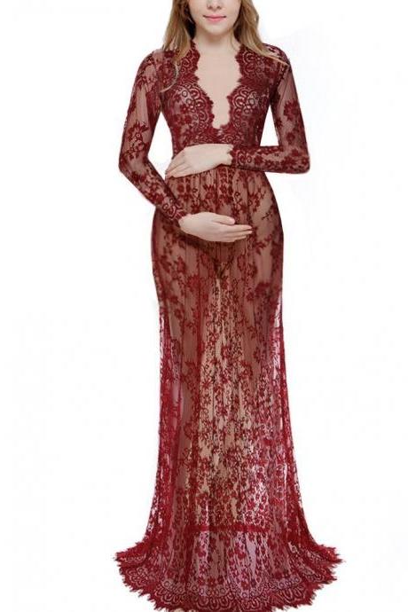  Women Perspective Lace Dress Sexy V Neck Long Sleeve Plus Size Maxi Long Party Prom Dress wine red