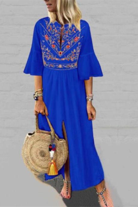 Women Maxi Dress Floral Printed Patchwork Ruffle Half Sleeve Casual Split Summer Beach Boho Long Dress blue