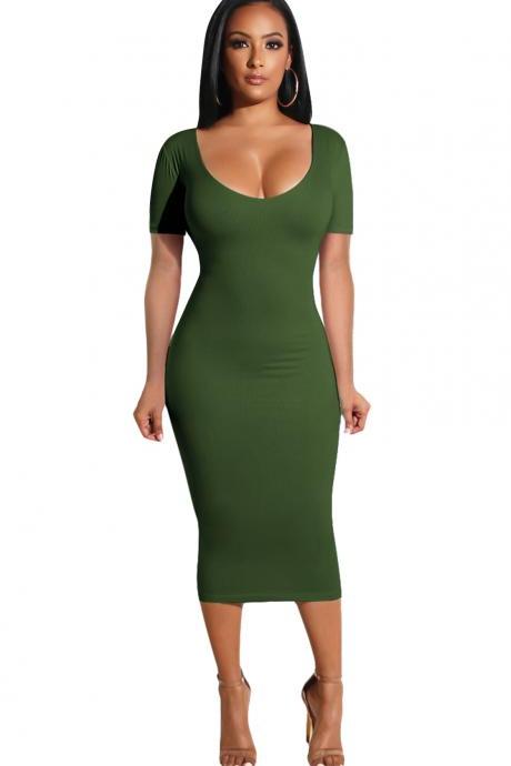  Women Pencil Dress Casual Short Sleeve Backless Bodycon Midi Party Dress army green