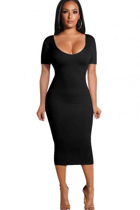 Women Pencil Dress Casual Short Sleeve Backless Bodycon Midi Party Dress black