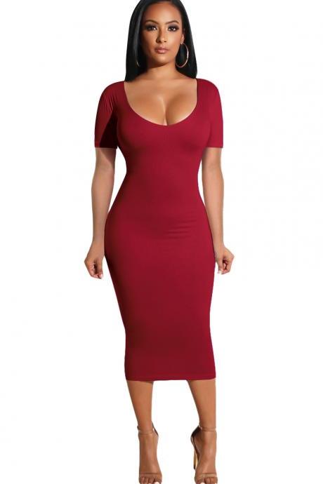 Women Pencil Dress Casual Short Sleeve Backless Bodycon Midi Party Dress burgundy