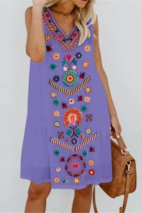Women Casual Dress Summer V-Neck Sleeveless Floral Printed Plus Size Boho Beach Loose A-Line Sundress purple