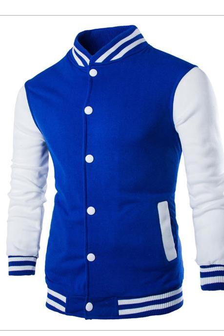 Men Baseball Coat Spring Autumn Single Breasted Long Sleeve Casual Bomber Jacket Blue