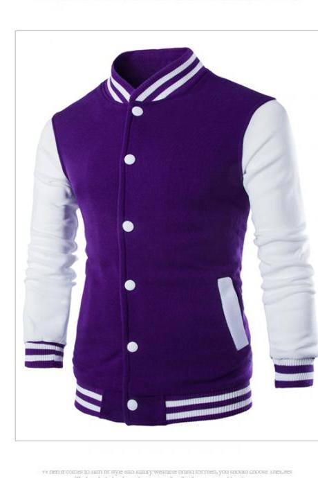 Men Baseball Coat Spring Autumn Single Breasted Long Sleeve Casual Bomber Jacket purple