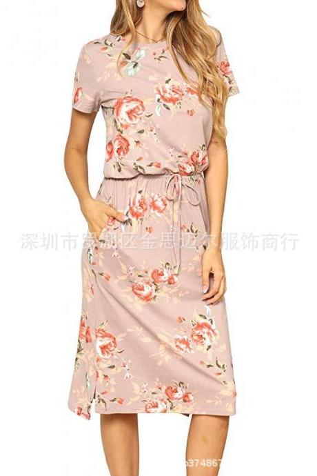 Women Floral Printed Dress Short Sleeve Drawstring Waist Casual Boho Summer Beach Midi Dress pink