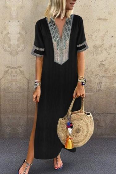 Women Maxi Dress Casual V Neck Short Sleeve Split Summer Boho Beach Holiday Long Dress black