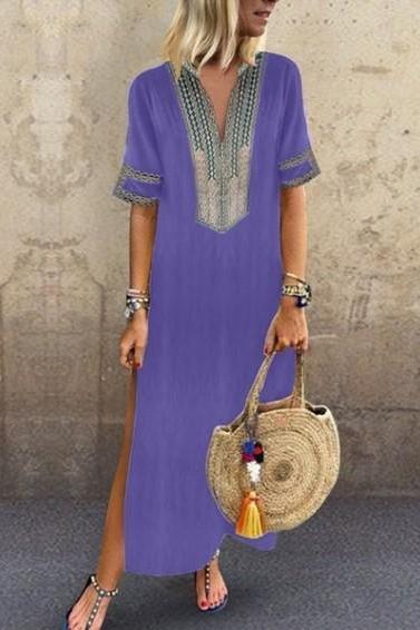 Women Maxi Dress Casual V Neck Short Sleeve Split Summer Boho Beach Holiday Long Dress purple