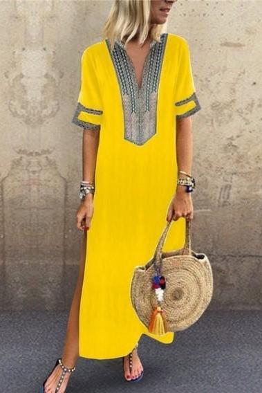 Women Maxi Dress Casual V Neck Short Sleeve Split Summer Boho Beach Holiday Long Dress yellow