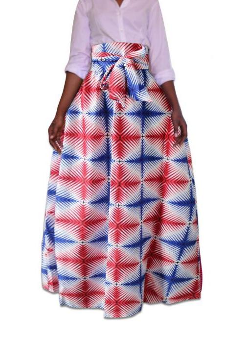 Women African Dashiki Maxi Skirt High Waist Belted Printed Foor Length Long Skirt 1907#