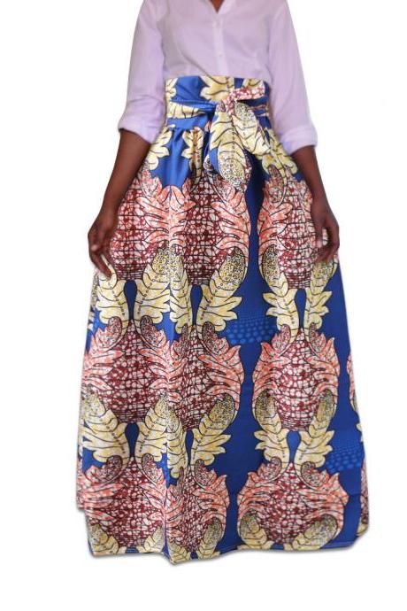  Women African Dashiki Maxi Skirt High Waist Belted Printed Foor Length Long Skirt 1917#