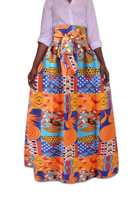 Women African Dashiki Maxi Skirt High Waist Belted Printed Foor Length Long Skirt 1918#