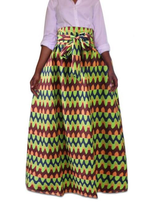 Women African Dashiki Maxi Skirt High Waist Belted Printed Foor Length Long Skirt 1923#