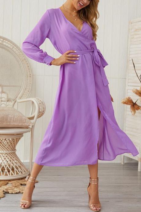 Women Maxi Dress Casual V Neck Long Sleeve Side Split Belted Long Party Dress purple