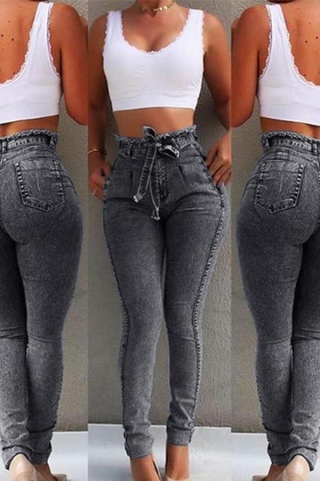  Women Jeans High Waist Bodycon Tassel Belted Bandage Slim Skinny Denim Pants gray