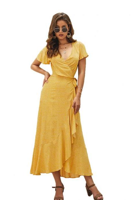  Women Floral Printed Dress Summer V Neck Short Sleeve Boho Beach Wrap Asymmetrical Dress yellow