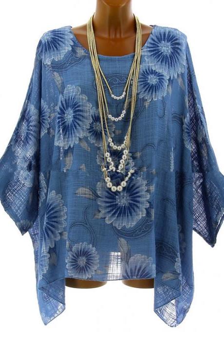 Women Floral Printed T Shirt Summer 3/4 Sleeve Casual Loose Plus Size Asymmetrical Tops blue