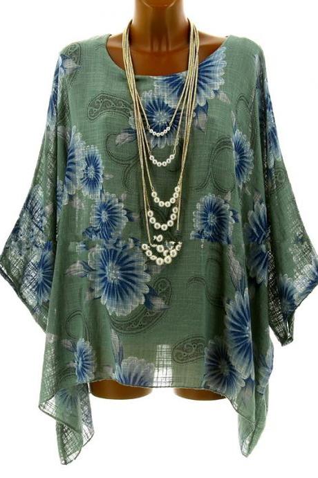 Women Floral Printed T Shirt Summer 3/4 Sleeve Casual Loose Plus Size Asymmetrical Tops Green