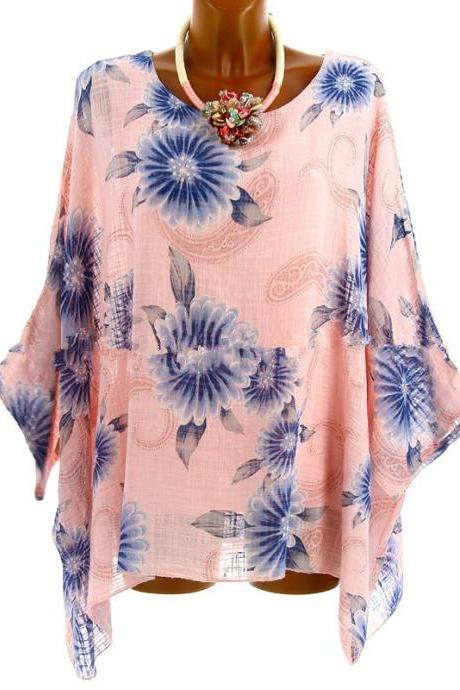 Women Floral Printed T Shirt Summer 3/4 Sleeve Casual Loose Plus Size Asymmetrical Tops Pink
