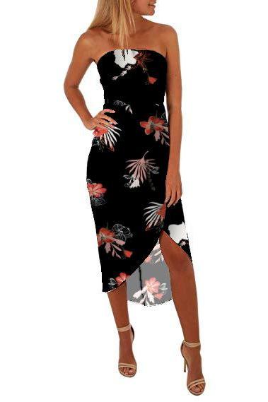 Women Floral Printed Dress Strapless Casual Backless Summer Beach Boho Asymmetrical Midi Dress black