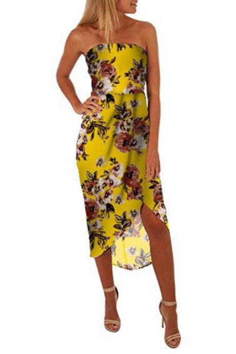  Women Floral Printed Dress Strapless Casual Backless Summer Beach Boho Asymmetrical Midi Dress yellow
