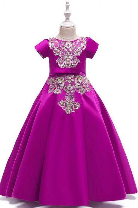 Long Satin Flower Girl Dress Short Sleeve Teens Birthday Formal Tutu Party Gown Children Kids Clothes purple