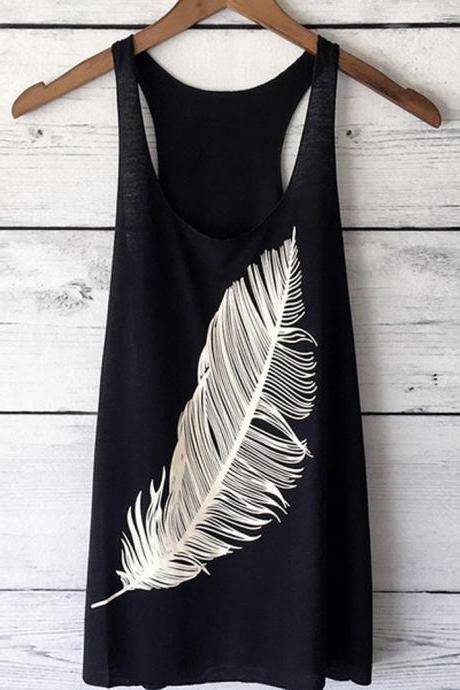 Women Tank Top Feather Printed Summer Casual Loose O-Neck Sleeveless T Shirt black