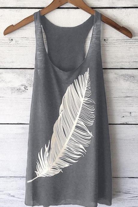  Women Tank Top Feather Printed Summer Casual Loose O-Neck Sleeveless T Shirt gray